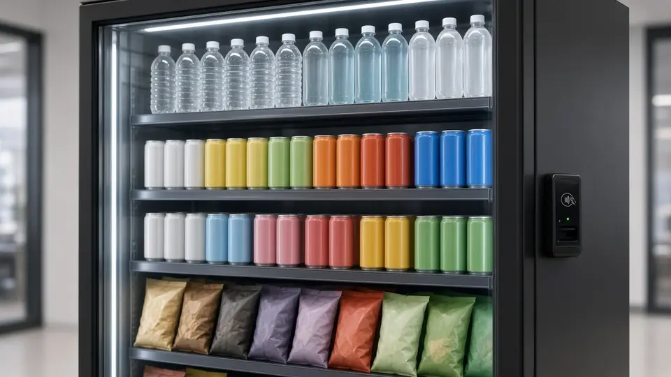 Glass-door AI smart cooler stocked with bottled drinks, cans and snacks, with a tap-to-pay card reader