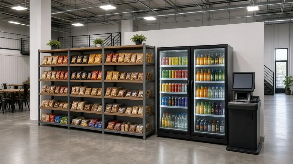 Micro market with snack shelving, beverage coolers and a self-checkout kiosk in a warehouse breakroom