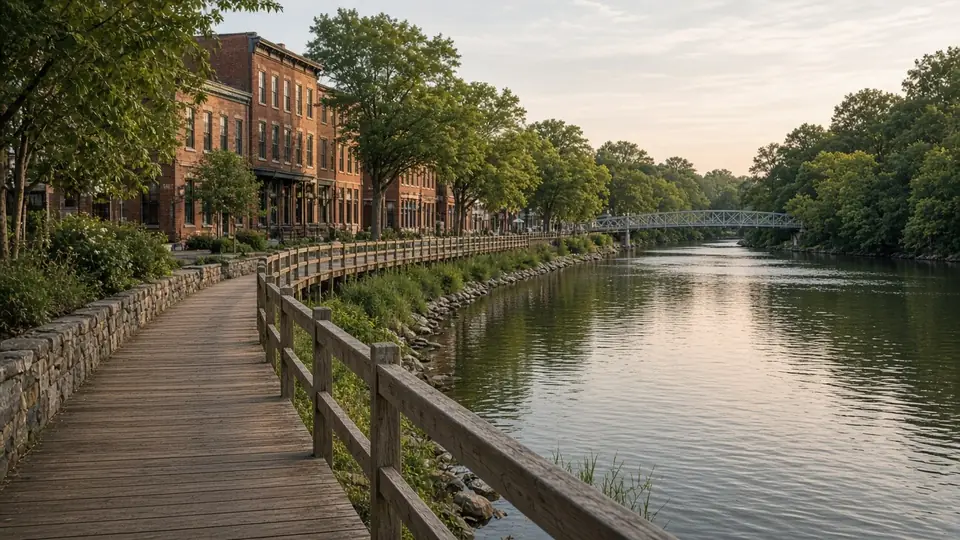 Riverwalk along a small-town river, illustrating our home base of Milford, DE
