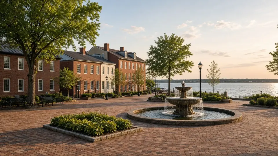 Downtown plaza with a fountain near the river, illustrating the Salisbury, MD service area