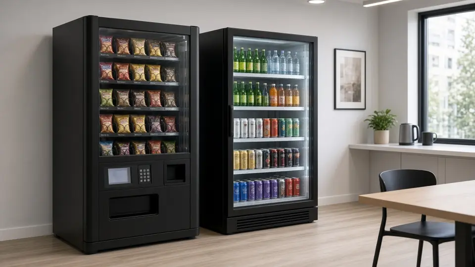 Snack vending machine and glass-door drinks cooler in a workplace breakroom