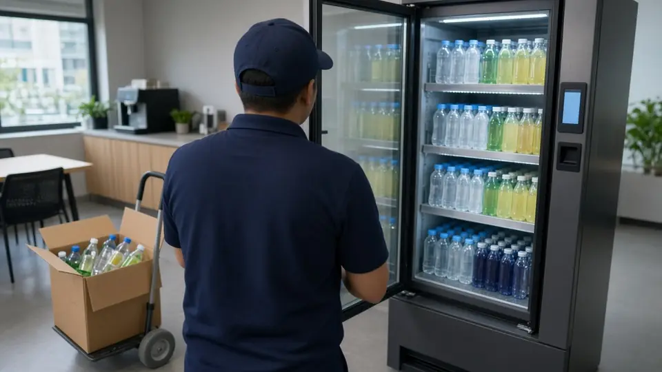 Vending route technician restocking a smart cooler with bottled drinks