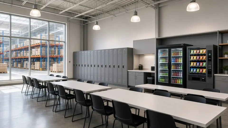 Distribution center breakroom with a smart drinks cooler and snack vending machine beside warehouse racking
